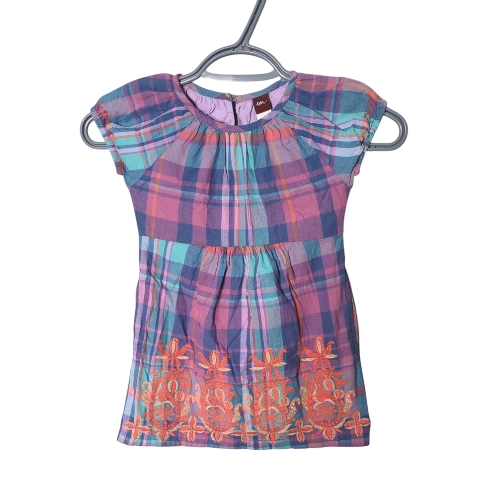 Tea Collection Embroidered Mahamaya Plaid Dress Size 3 Blue Purple Orange